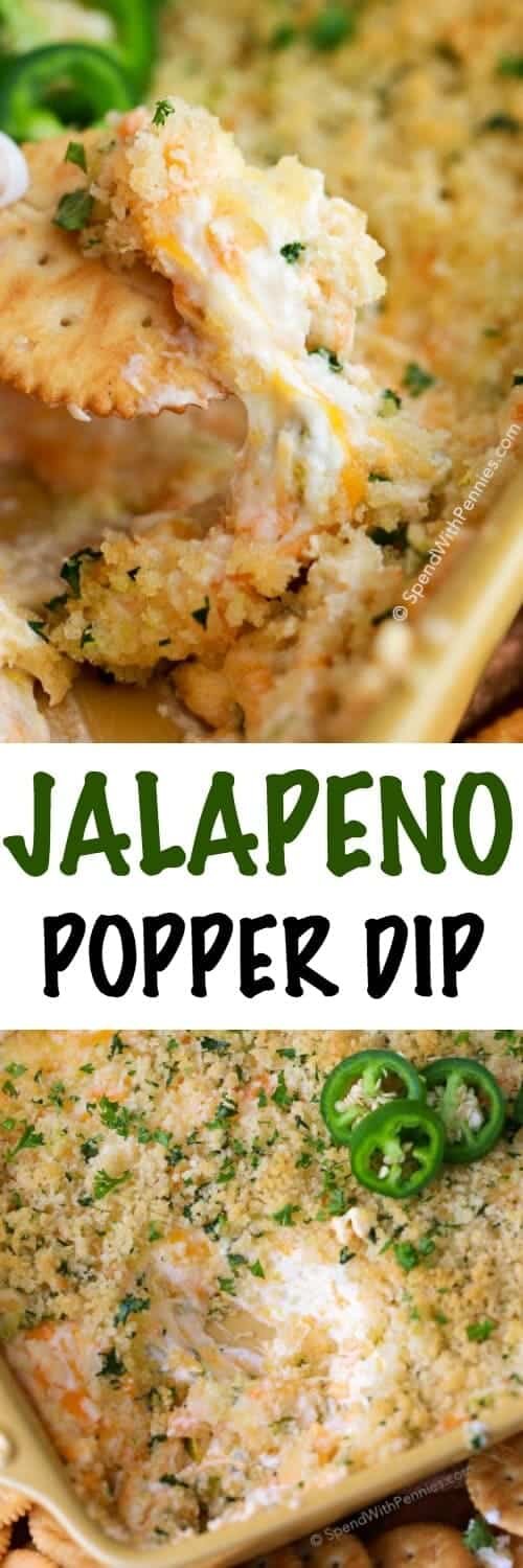 Jalapeno Popper Dip in a pan shown with a title