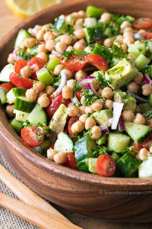 Wooden bowl full of Chickpea Salad