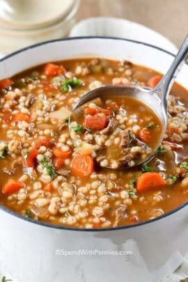 Beef Barley Soup in a pot with a ladle