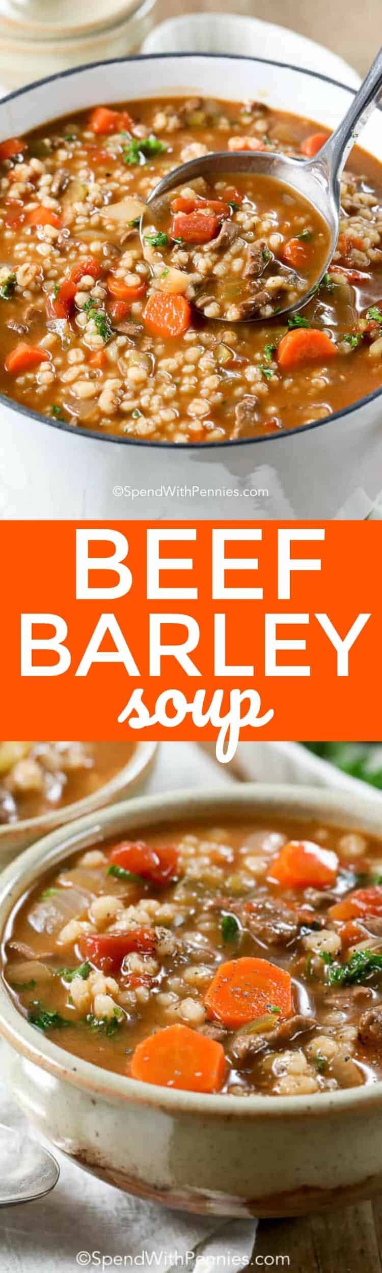 Beef Barley Soup in a pot and in a bowl with writing