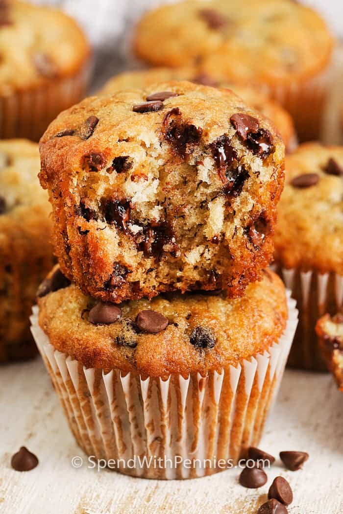 banana chocolate chip muffin cut open 