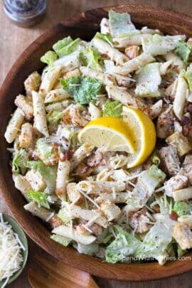 plated Caesar Pasta Salad with lemon slices