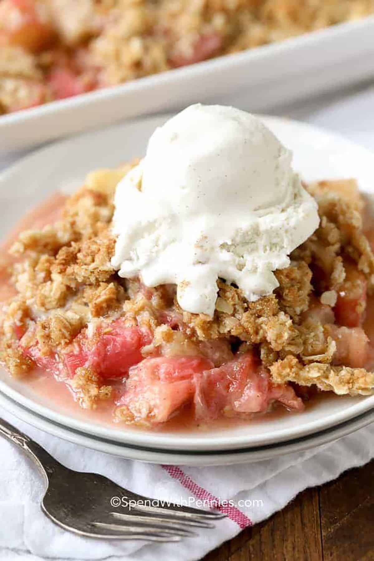 plated Rhubarb Crisp with ice cream