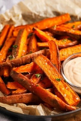 close up of plated Baked Sweet Potato Fries with dip