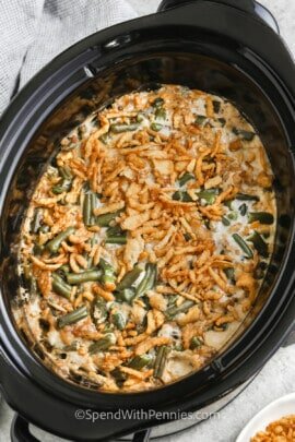 cooked Crockpot Green Bean Casserole in the pot