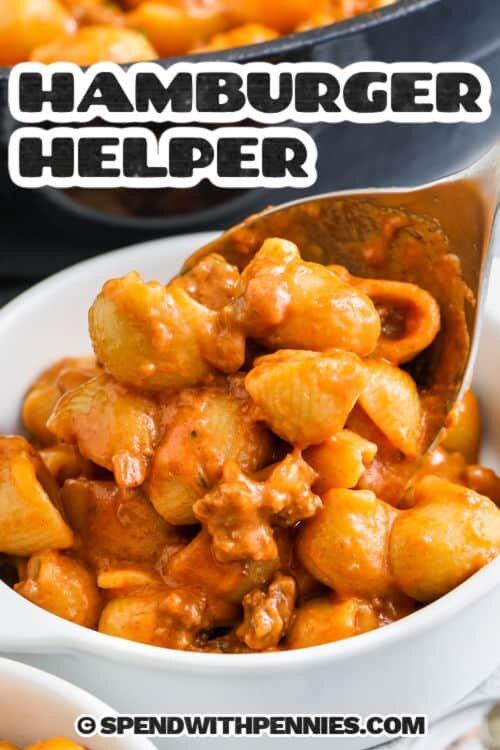 plated Hamburger Helper with a title