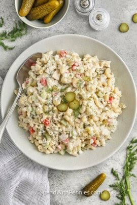 plated Tuna Macaroni Salad with sweet and dill pickles