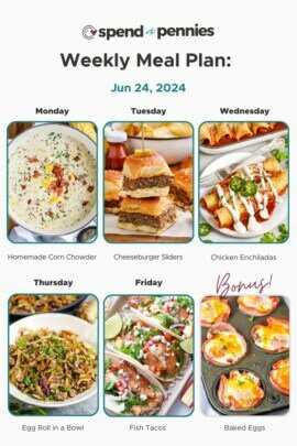 A menu showing the recipes for weekly plan for June 24