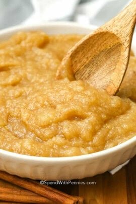 bowl of Homemade Applesauce Recipe with a wooden spoon